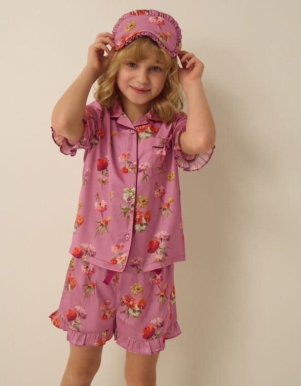 Floral Satin Short Pyjamas & Eye Mask Set, Purple (LILAC), large
