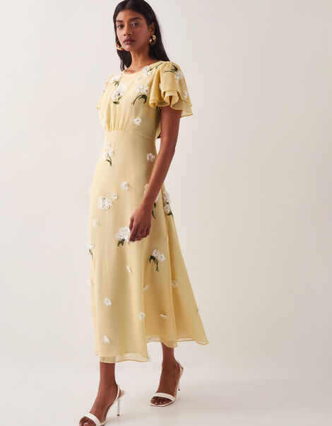 Delilah Appliqué Floral Midi Dress, Yellow (YELLOW), large