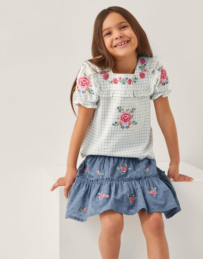 Floral Embroidered Check Blouse, Ivory (IVORY), large