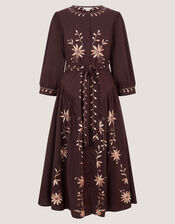 Eloise Floral Embroidered Midi Dress, Brown (CHOCOLATE), large