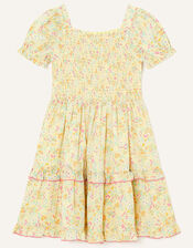 Ditsy Print Shirred Dress, Yellow (YELLOW), large