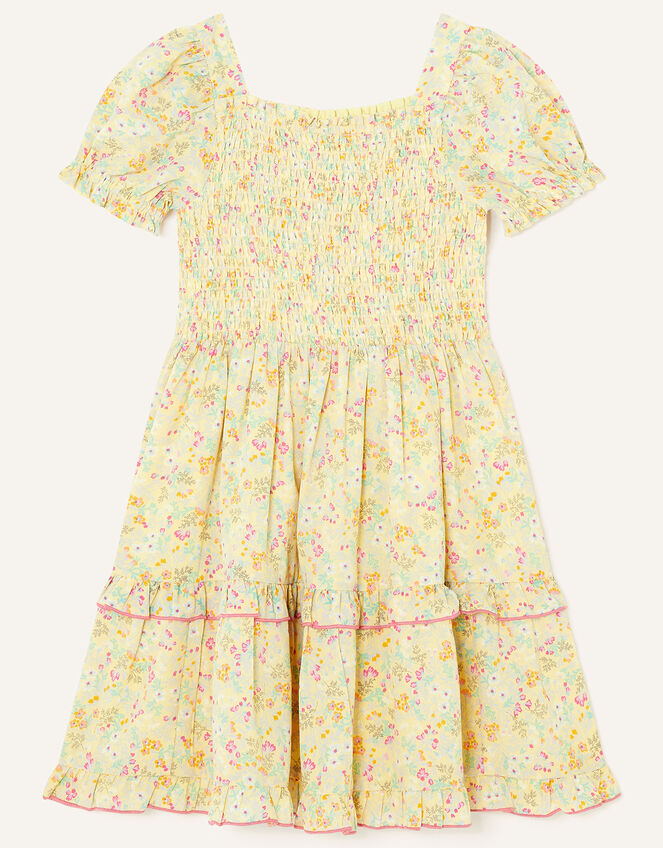 Ditsy Print Shirred Dress, Yellow (YELLOW), large