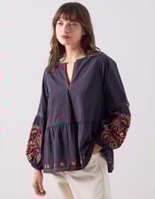 East Cerza Floral Embroidered Top, Grey (CHARCOAL), large