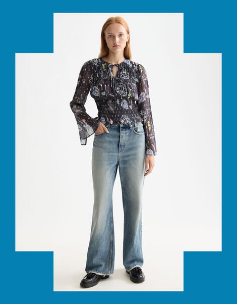 Scotch & Soda Print Smocked Waist Top, Blue (NAVY), large