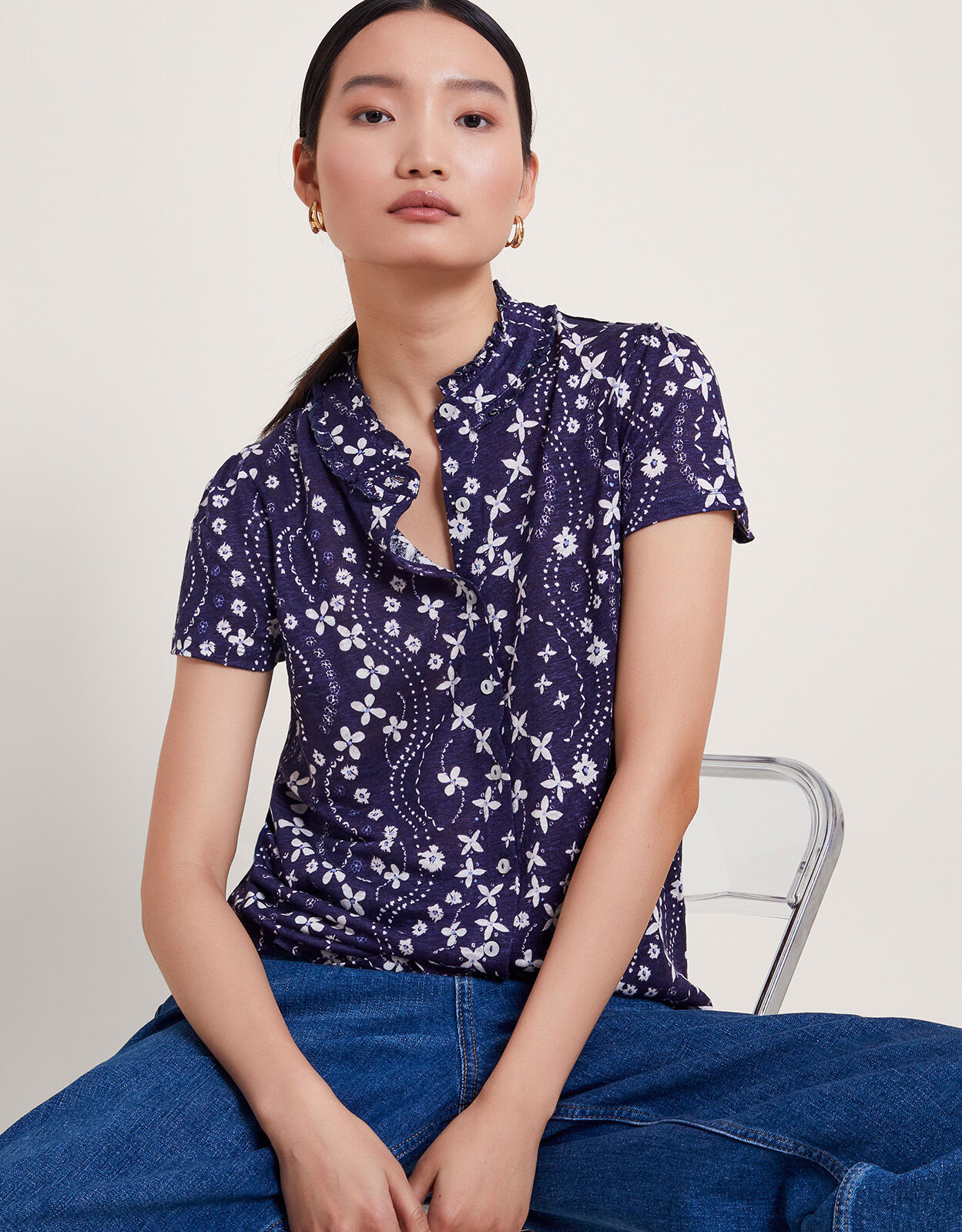 Serena Floral Linen Top Blue