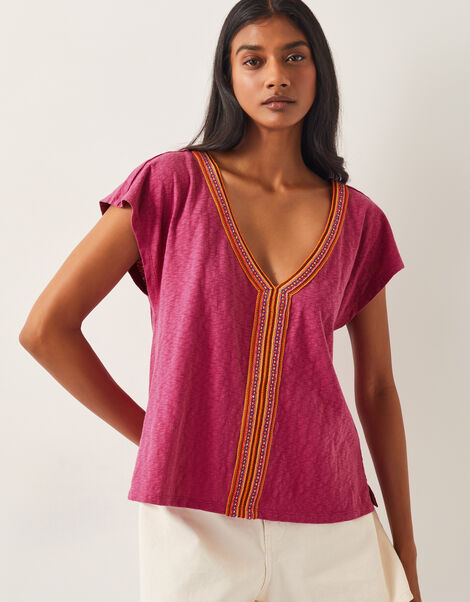 Elena Embroidered V-Neck Jersey T-Shirt, Pink (PINK), large