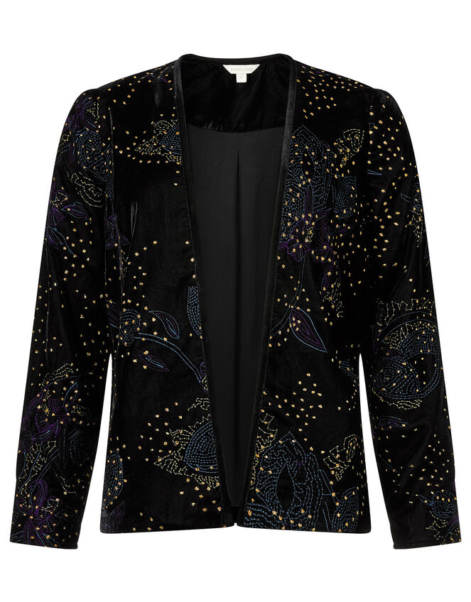 Jolee Glitter Embroidered Velvet Jacket, Black (BLACK), large