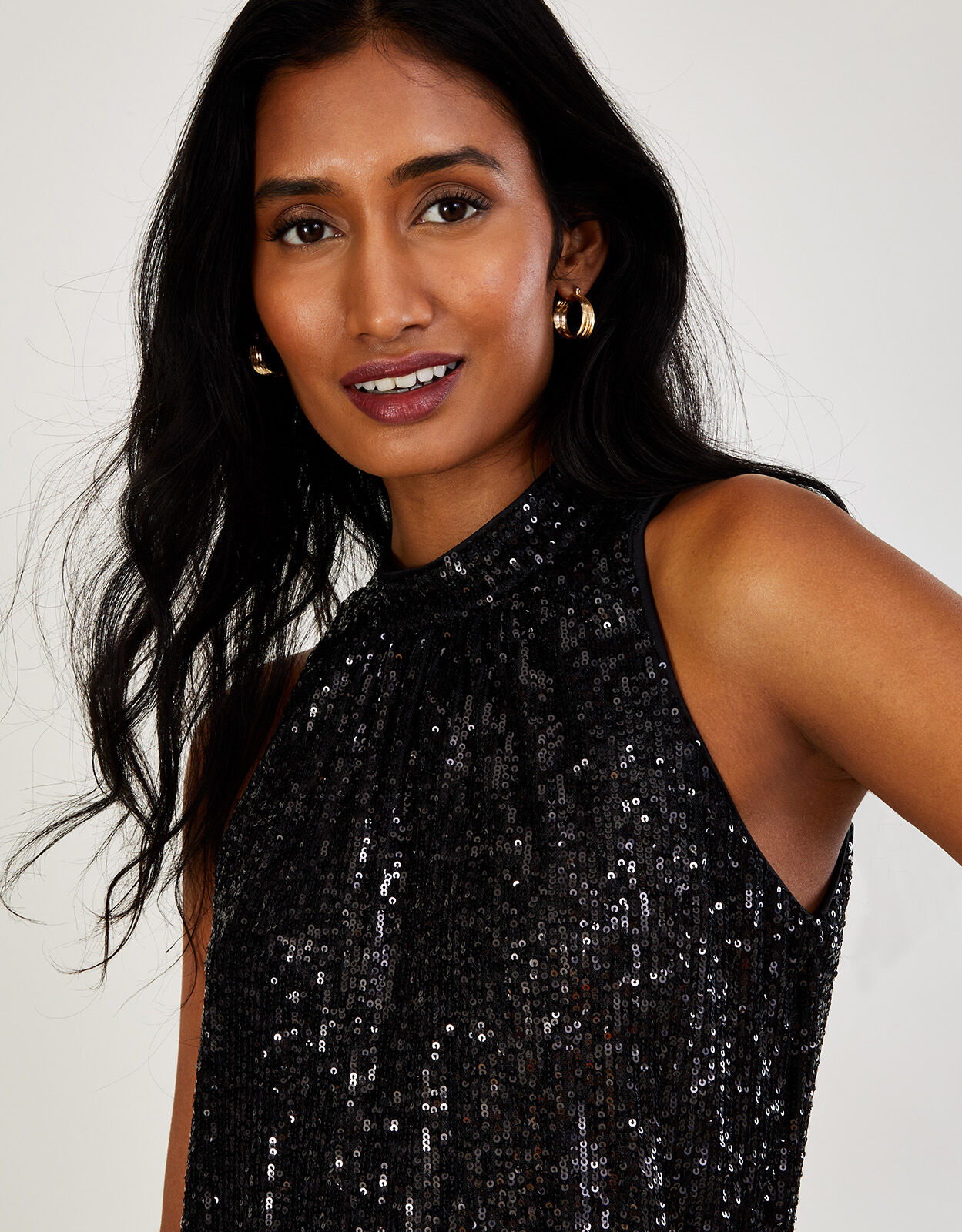Aly Sequin Feather Trim Halter Dress Black