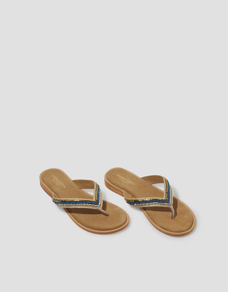 Sia Beaded Leather Flip Flop Sandals, Blue (BLUE), large