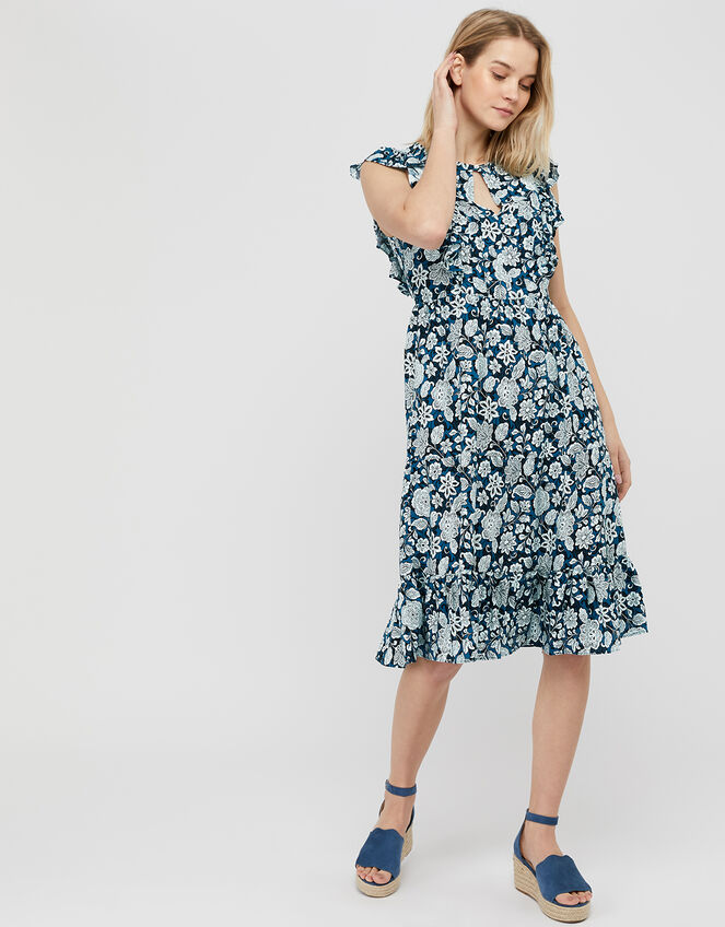 Loana Floral Frill Midi Dress, Blue (BLUE), large