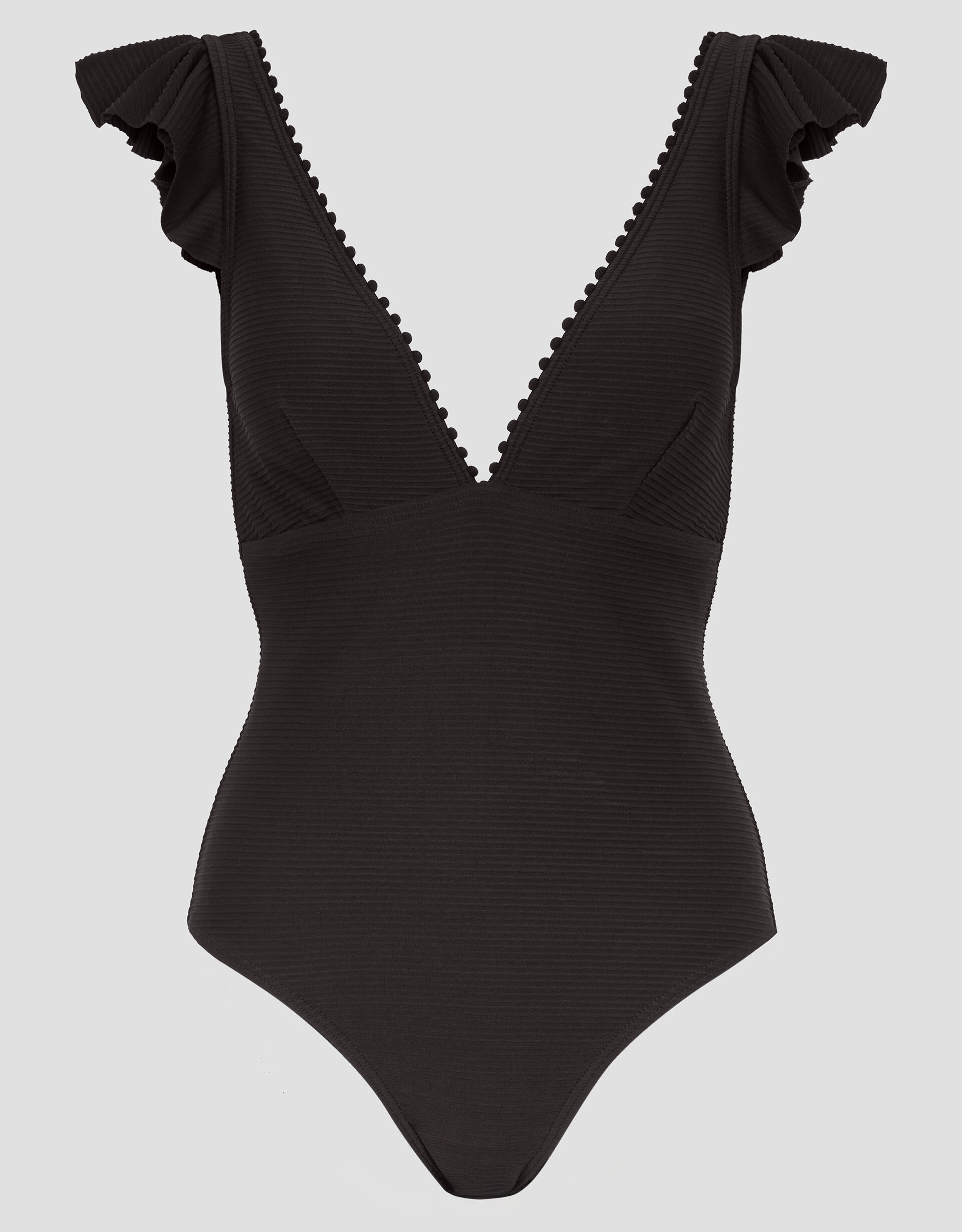 Kaylie Plunge Ruffle Swimsuit, Black (BLACK), large