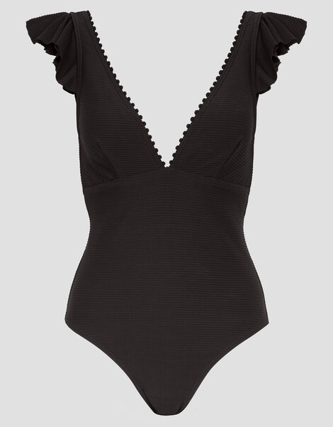 Kaylie Plunge Ruffle Swimsuit, Black (BLACK), large