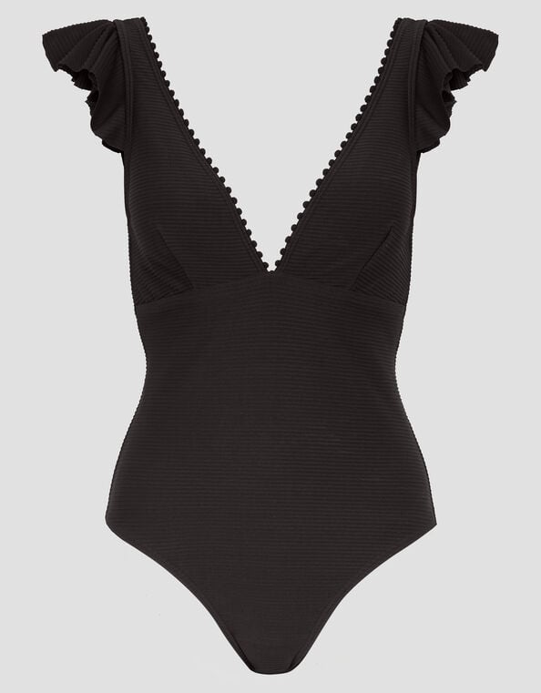 Kaylie Plunge Ruffle Swimsuit, Black (BLACK), large