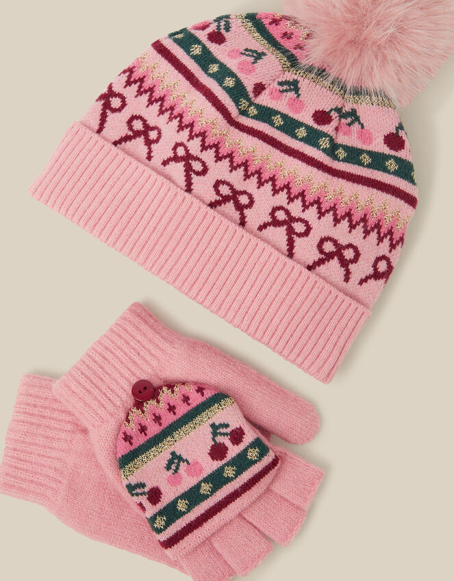 Cherry Fair Isle Bobble Hat & Gloves Set, Multi (MULTI), large