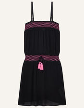 Shirred Woven Dress in Recycled Viscose, Black (BLACK), large