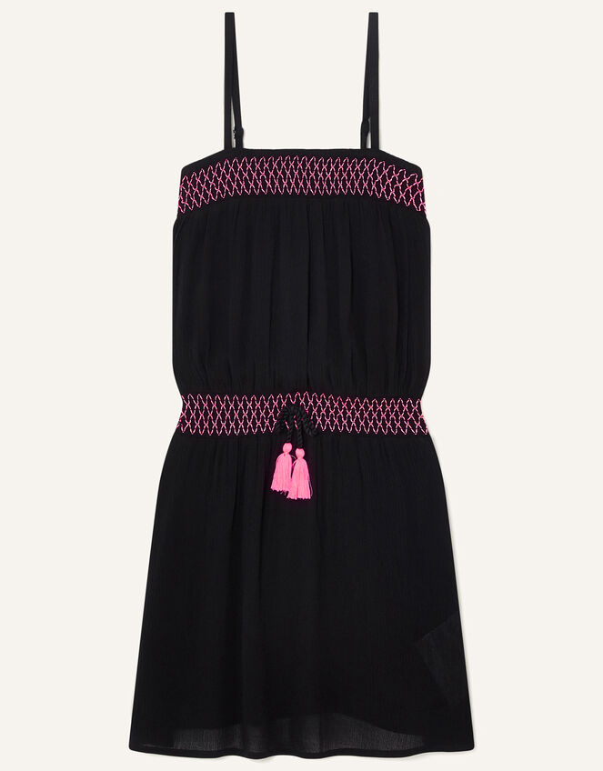 Shirred Woven Dress in Recycled Viscose, Black (BLACK), large