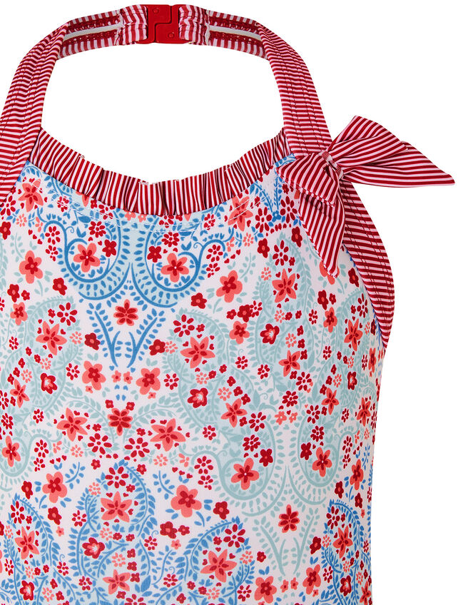 Floral and Stripe Halter Swimsuit, Blue (BLUE), large