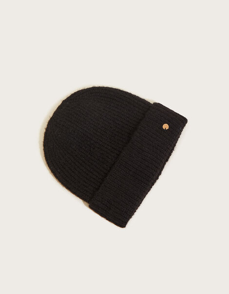 Super Soft Knit Beanie Hat with Recycled Polyester Black, Black (BLACK), large