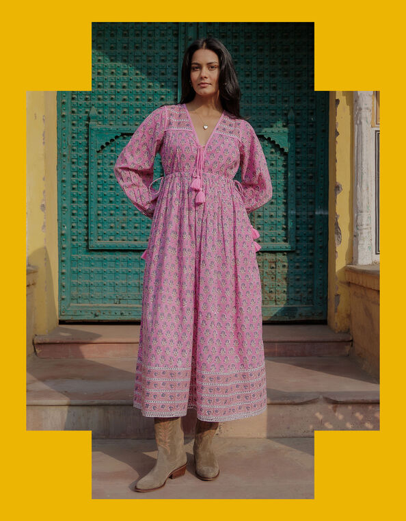 Dilli Grey Fifi Long-Sleeve Floral Midi Dress, Pink (PINK), large