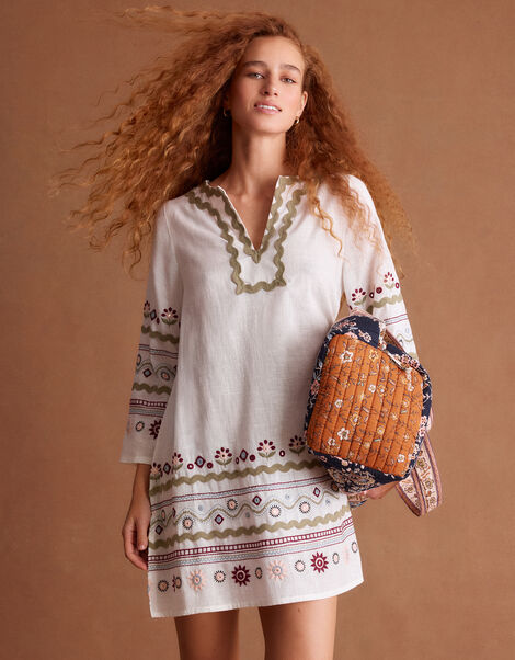 Bria Embroidered Mini Tunic Dress, Ivory (IVORY), large