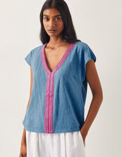 Elena Embroidered V-Neck Jersey T-Shirt, Blue (BLUE), large