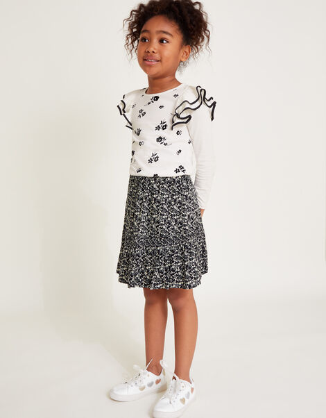 Floral Print Tiered Skirt , Black (BLACK), large