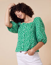 Rose Print Balloon Sleeve Top in Organic Cotton, Green (GREEN), large