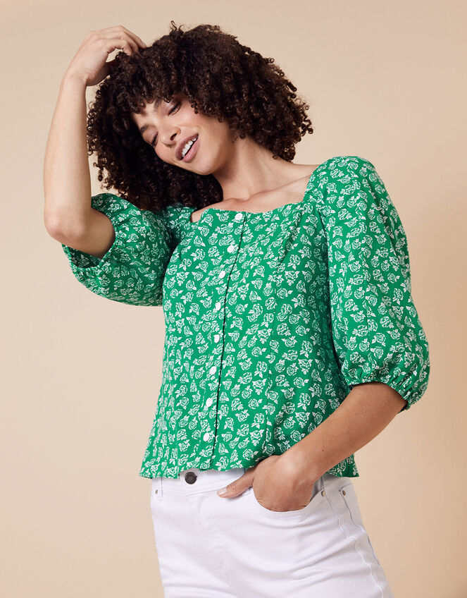 Rose Print Balloon Sleeve Top in Organic Cotton, Green (GREEN), large