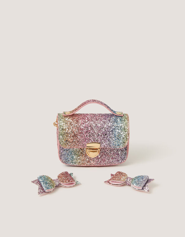 Rainbow Glitter Satchel Bag & Hair Clips Set, , large