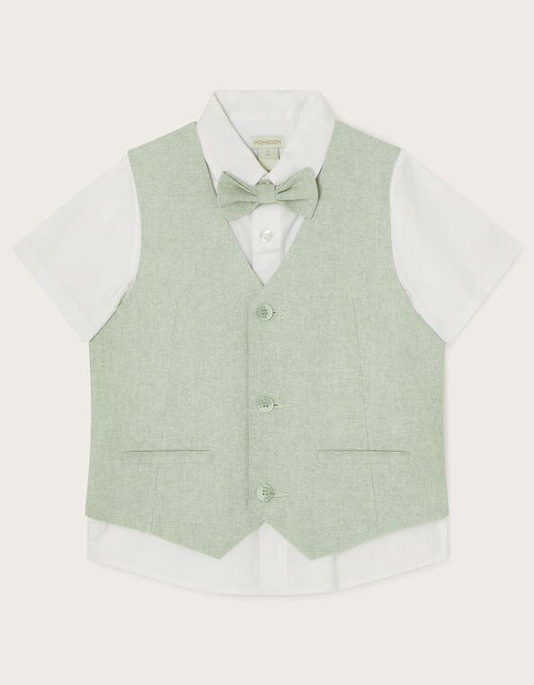Three-Piece Waistcoat, Bow Tie and Short Sleeve Shirt Set, Green (GREEN), large