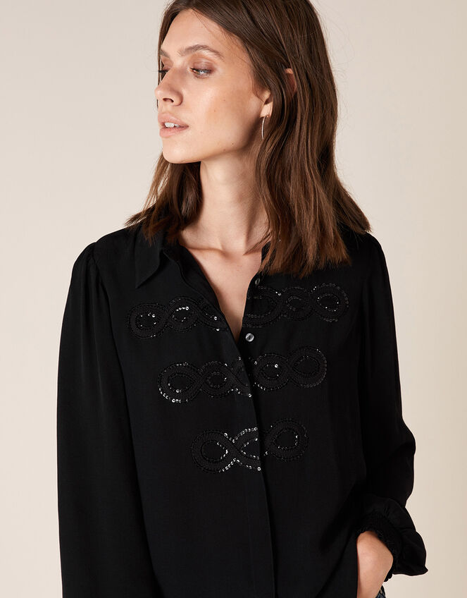 Sequin Military Blouse in Sustainable Viscose, Black (BLACK), large