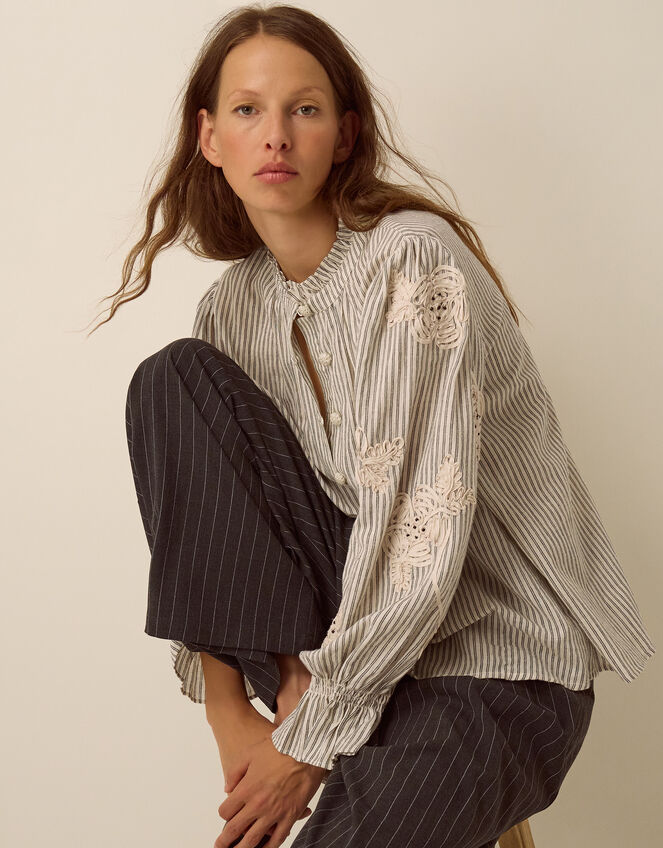 Iris Cornelli Embroidered Stripe Shirt, Ivory (IVORY), large