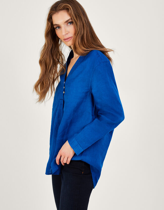 India Overhead Nehru Collar Shirt in Linen Blend, Blue (COBALT), large