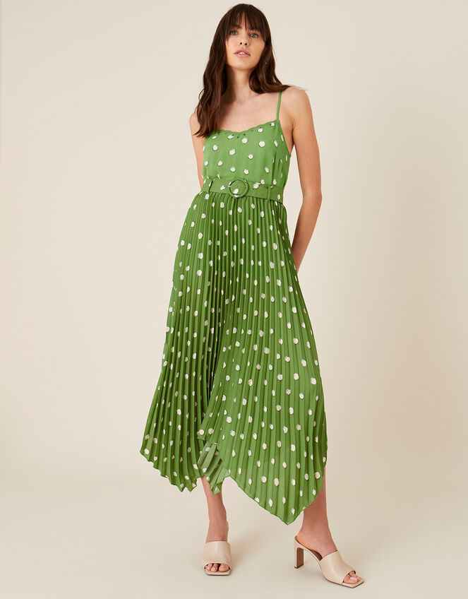 Spot Print Pleated Midi Skirt, Green (GREEN), large