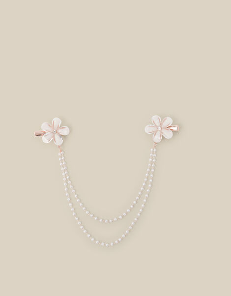 Flower Pearl Double Chain Hair Clip, , large