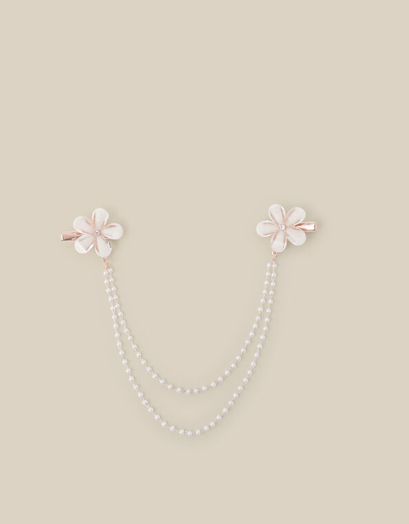 Flower Pearl Double Chain Hair Clip, , large