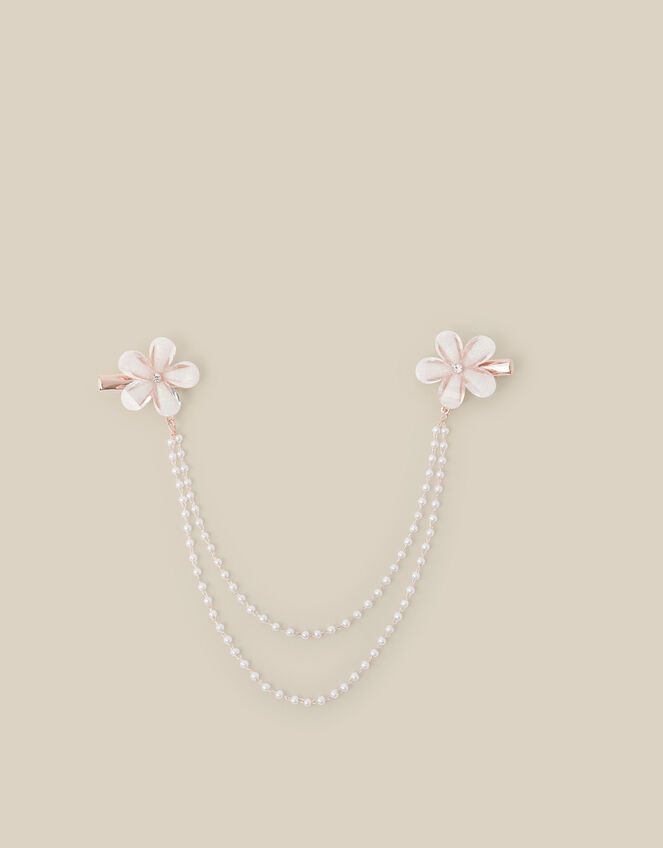 Flower Pearl Double Chain Hair Clip, , large