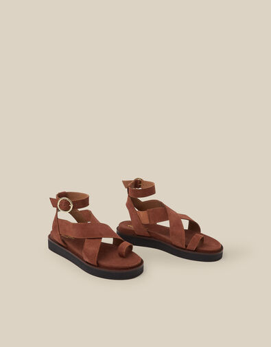 Ivy Toe Strap Crossover Suede Sandals, Tan (TAN), large