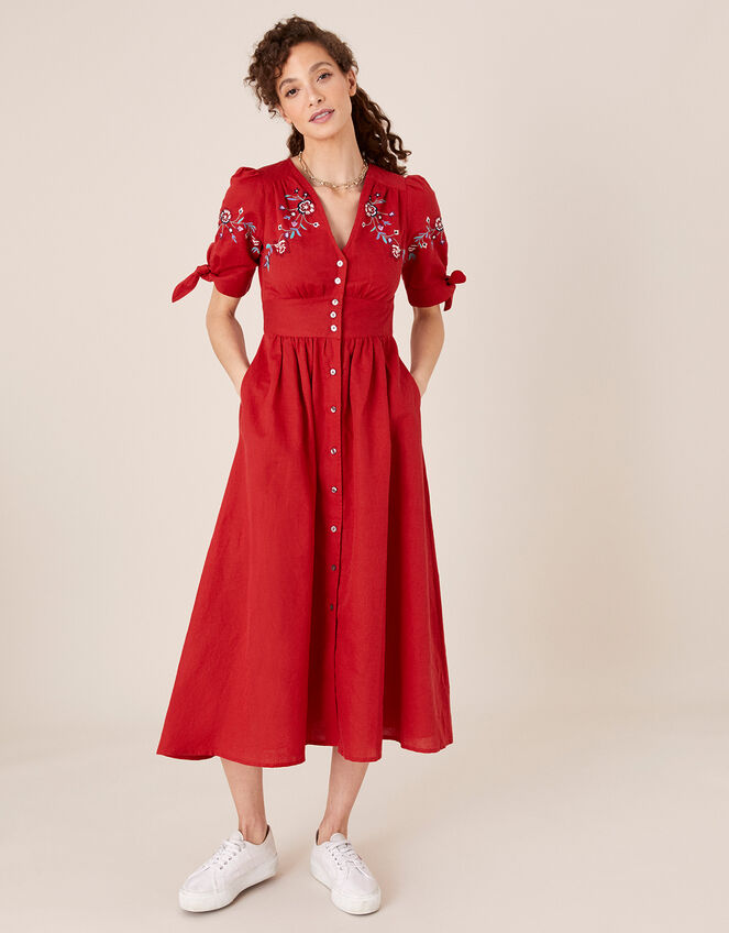 Dolly Floral Embroidered Midi Dress, Red (RED), large