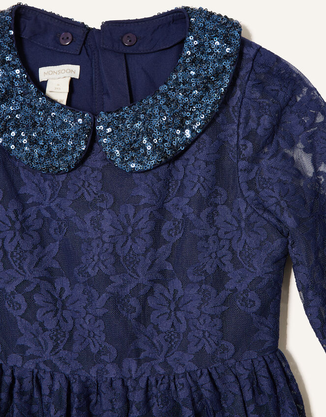 Lace Dress with Detachable Collar , Blue (NAVY), large
