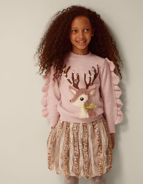 Dahlia Christmas Reindeer Knit Jumper, Pink (PINK), large
