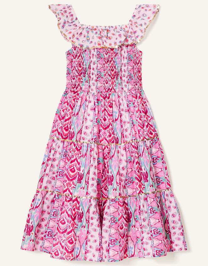 Aztec Shirred Frill Dress, Pink (PINK), large