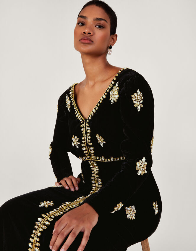 Women's Black Embellished Velvet Sheath Dress