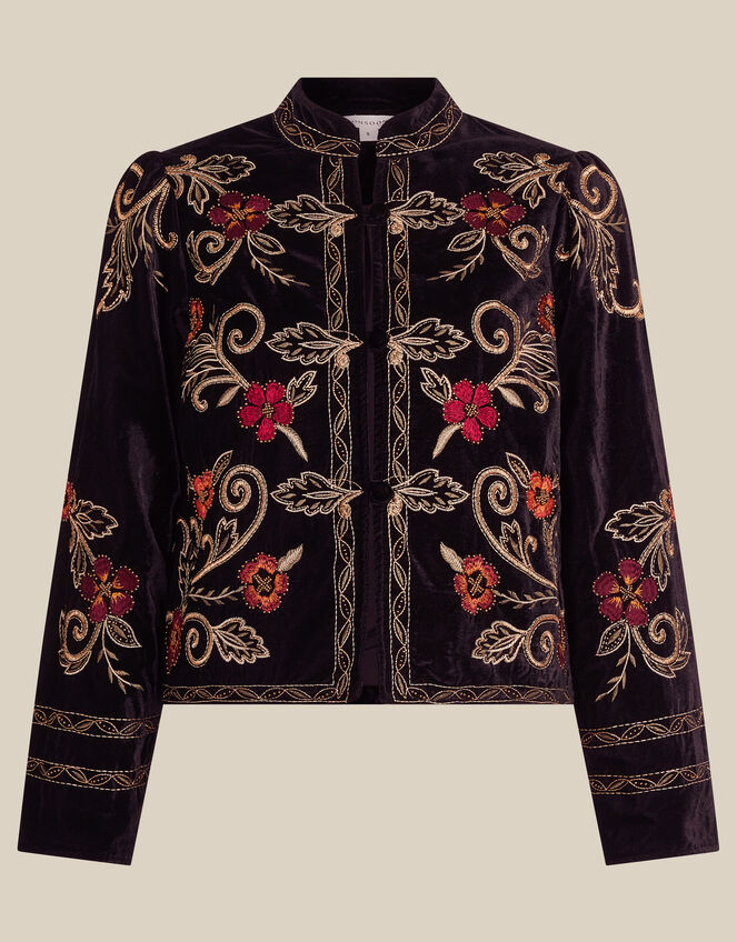 Frankie Floral Embroidered Velvet Jacket, Black (BLACK), large