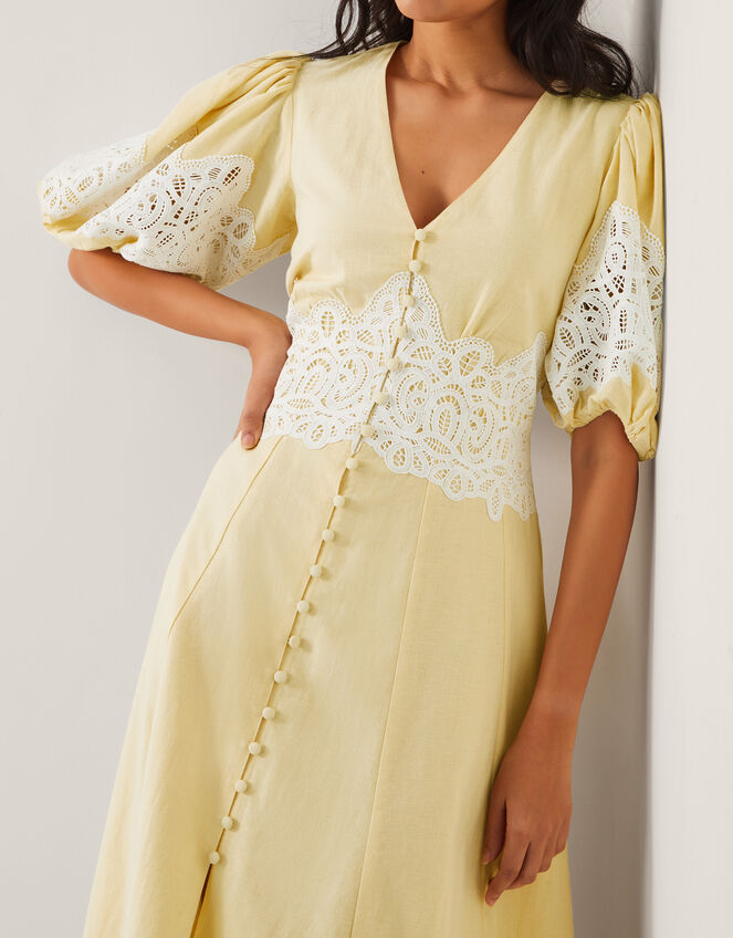 Nancy Applique Puff-Sleeve Midi Dress, Yellow (YELLOW), large