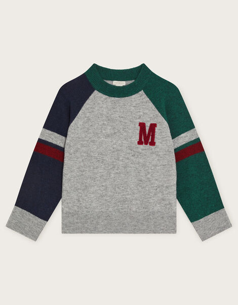 'M' Embroidered Long Sleeve Raglan Jumper, Grey (GREY), large