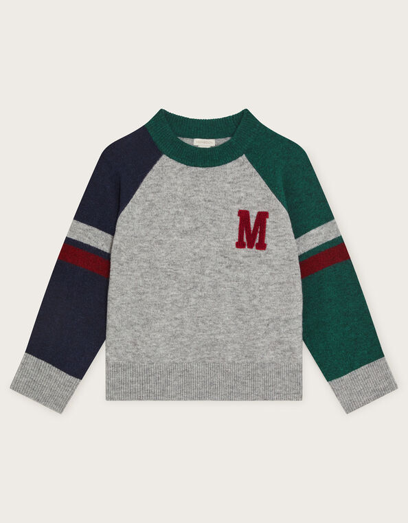 'M' Embroidered Long Sleeve Raglan Jumper, Grey (GREY), large