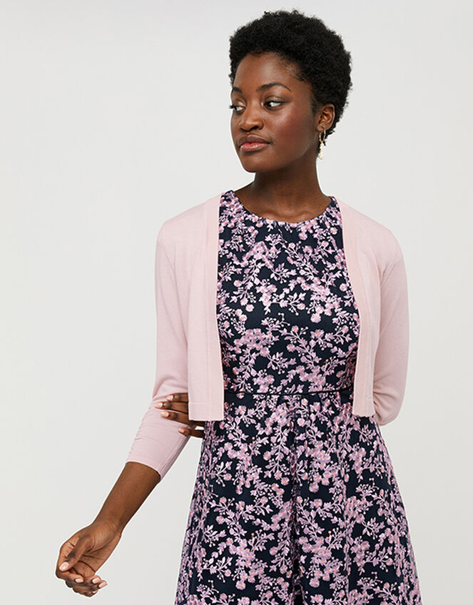 Riya Cropped Cardigan with Ruched Sleeves, Pink (BLUSH), large