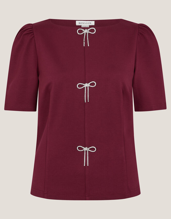 Brooke Diamanté Bow Ponte Top, Red (BURGUNDY), large