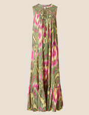 Premium Diamond Ikat Print Smock Dress, Green (GREEN), large